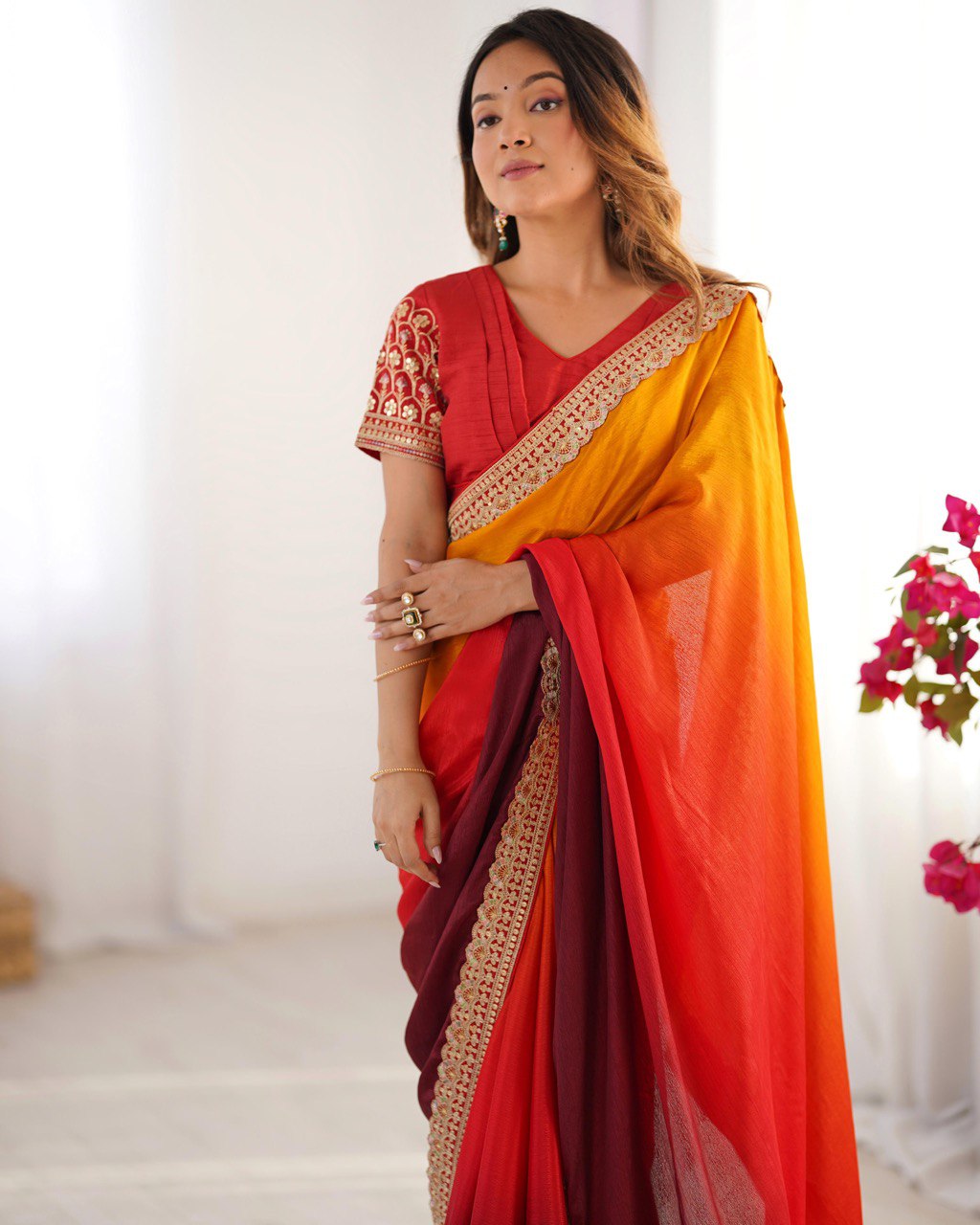 Women's Elegant Ombre Green Georgette Saree with Intricate Golden Zari & Stone Embellishments – Complete with Heavily Worked Blouse for Festive & Wedding Wear - Image 9