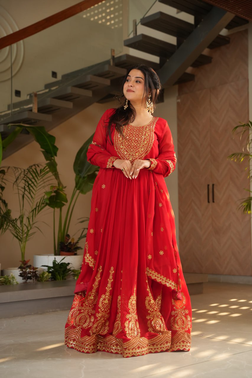 Women's Radiant Red Anarkali Suit Set with Golden Zari & Sequin Embroidery – Perfect for Festive & Wedding Occasions - Image 5