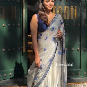 Women's Chic Snow White Georgette Saree with Vibrant Blue Butterfly Digital Print & Contrasting Border β Perfect for Casual Outings & Day Events
